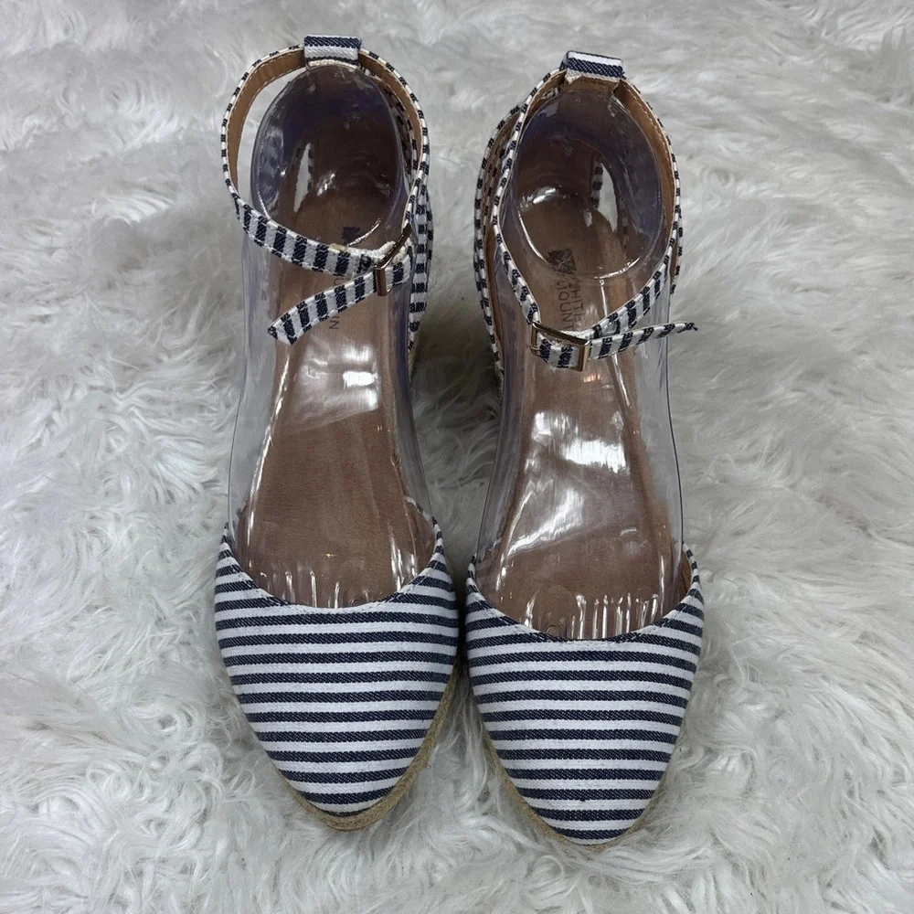 White Mountain Navy Striped Espadrille Wedges